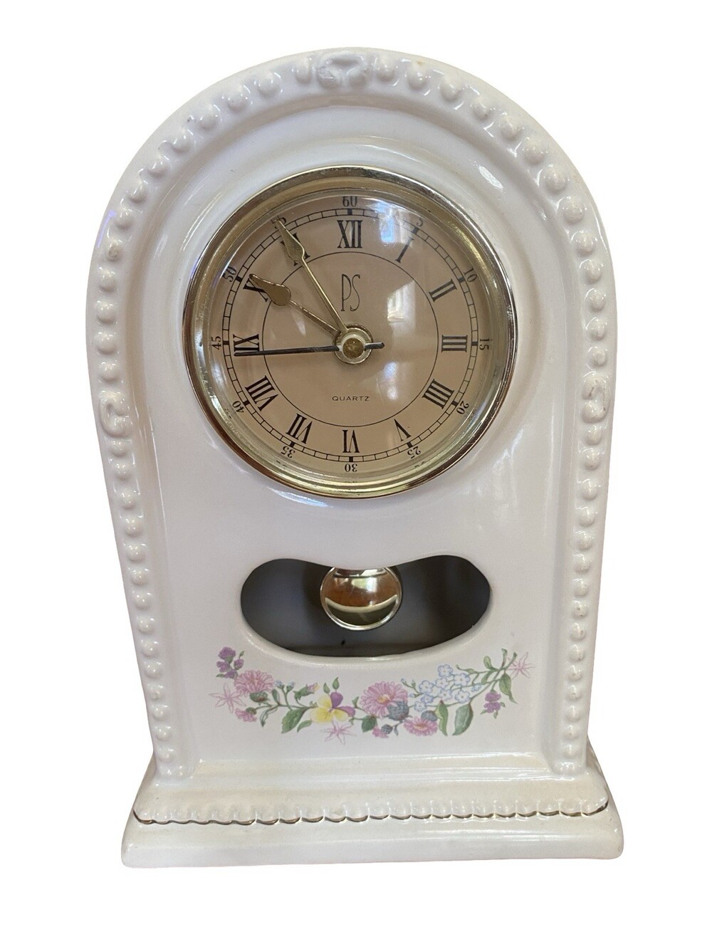 Vintage Paul Sebastian White Floral Porcelain Limited Edition Mantel Desk Clock